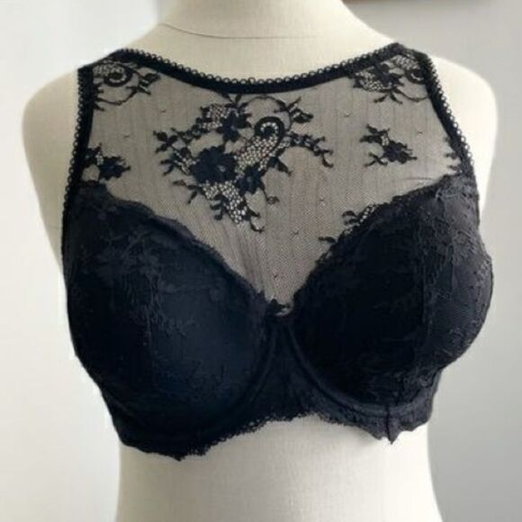 Victorias Secret Dream Angels Black Lace High Neck Underwire Lined Demi Bra 32B - Picture 1 of 10